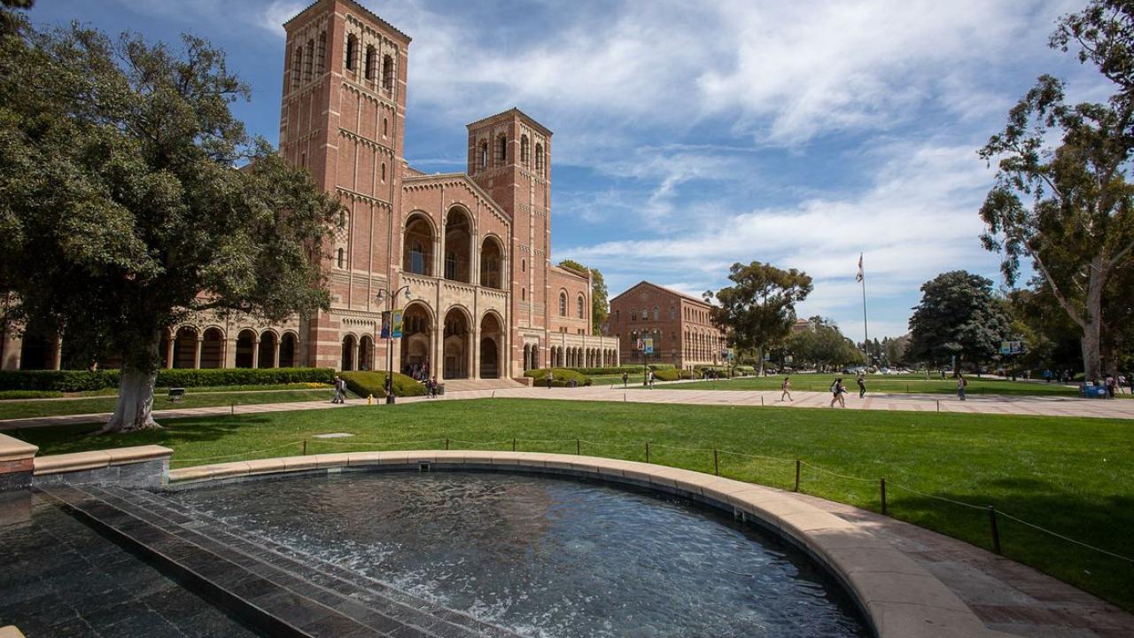 Shapiro fountain, a large circular pool of water, in front of UCLA's Royce Hall